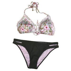 Mixed Matched 2 Piece Floral Print Green Bottom Bikini Size Medium Top Size 14